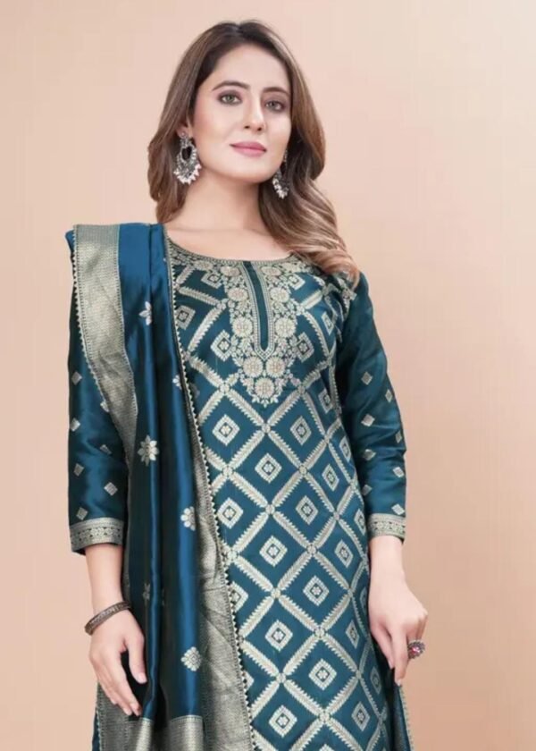 Blue Jacquard Silk Suit Dress Material for Women - Image 2
