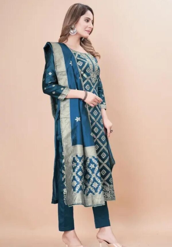 Blue Jacquard Silk Suit Dress Material for Women - Image 3