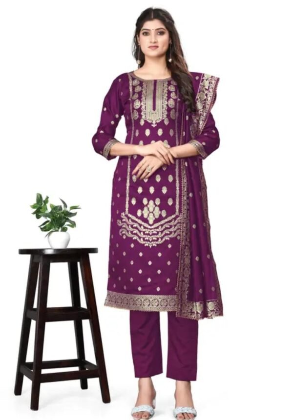 Purple Jacquard Silk Suit Dress Material for Women - Image 2