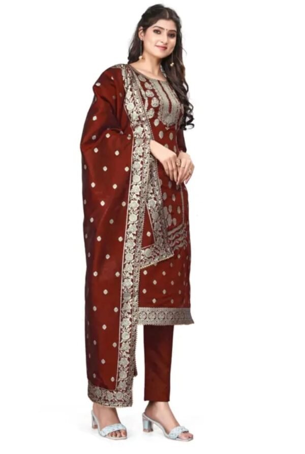 Maroon Jacquard Silk Suit Dress Material for Women - Image 2