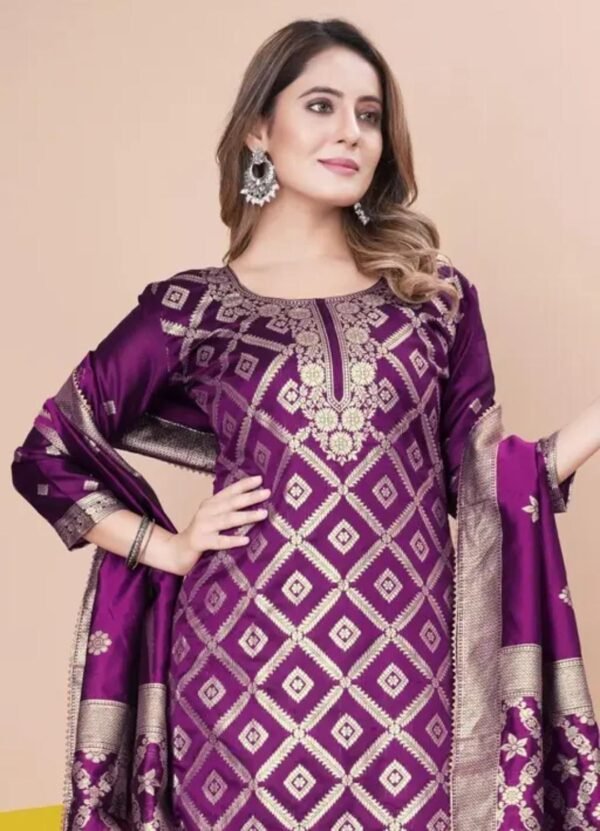 Purple Jacquard Silk Suit Dress Material for Women - Image 3