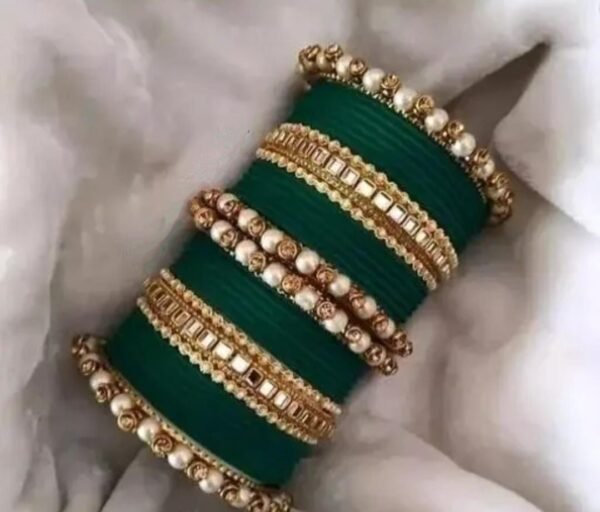 Main image showcasing the Dark Green Kundan Stone and Pearls Bangles Set, featuring intricate kundan and pearl work on a durable metal base, perfect for ethnic wear and special occasions.