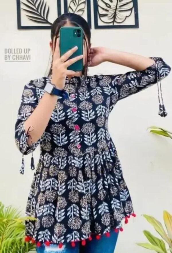 Elegant Black Rayon Printed Short Kurti
