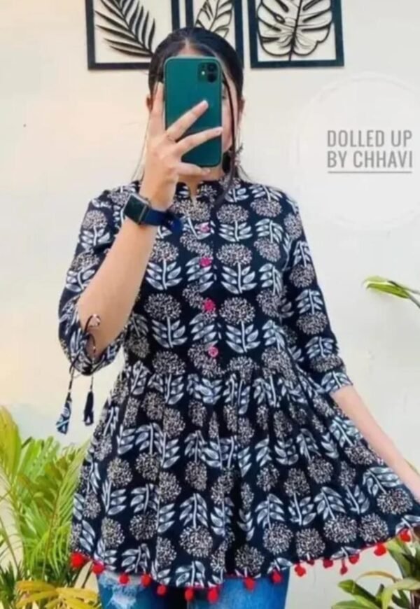 Elegant Black Rayon Printed Short Kurti - Image 3