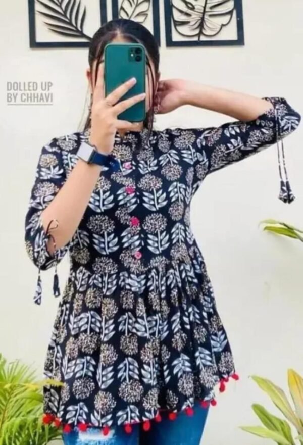 Elegant Black Rayon Printed Short Kurti - Image 2