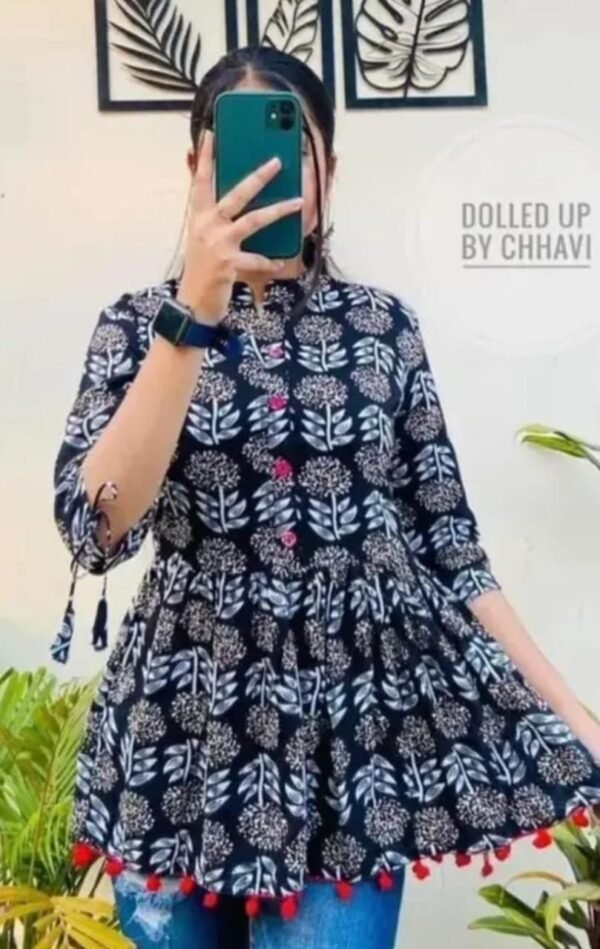 Elegant Black Rayon Printed Short Kurti - Image 4