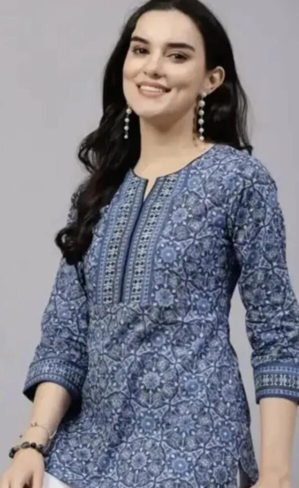 Stunning Blue Rayon Printed Short Kurti