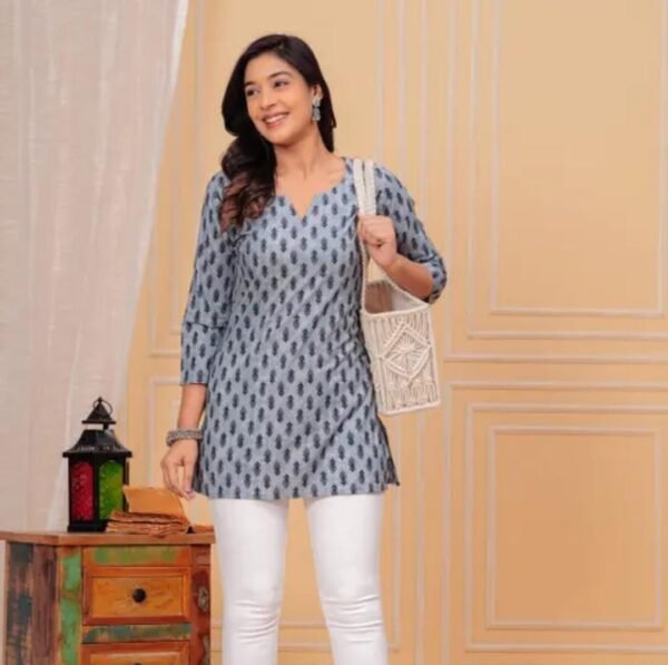 Stunning Blue Rayon Printed Short Kurti - Image 4