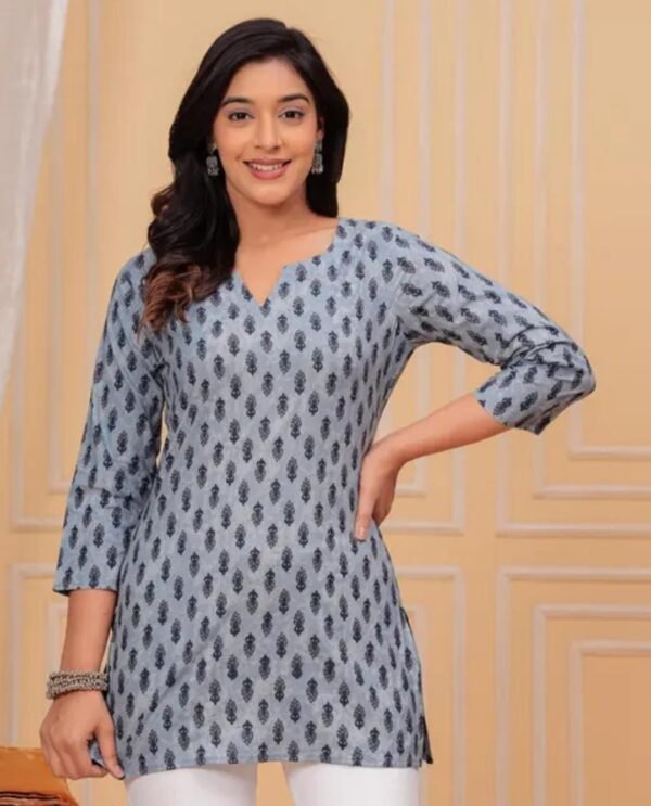 Stunning Blue Rayon Printed Short Kurti