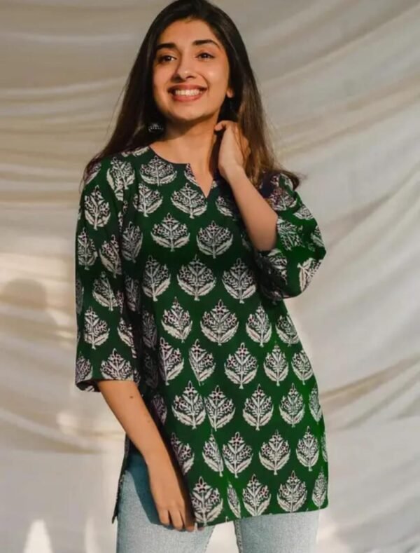 Stunning Dark Green Rayon Printed Short Kurti - Image 3
