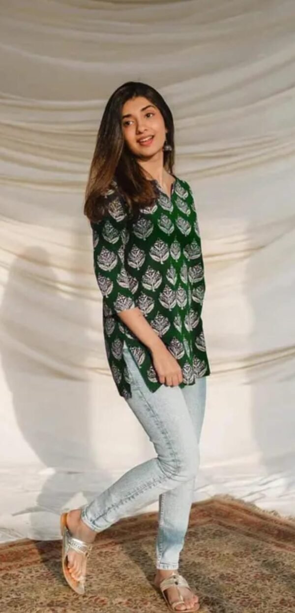 Stunning Dark Green Rayon Printed Short Kurti
