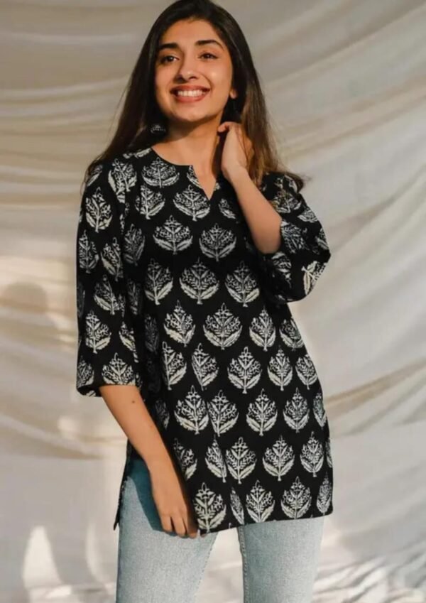 Elegant Black Rayon Printed Short Kurti