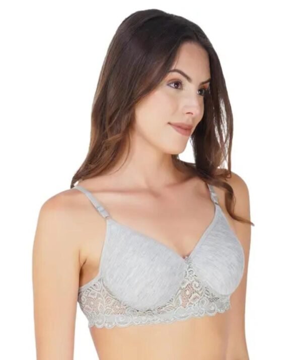 A model wearing the Comfortable Daily Wear T-Shirt Bra in Grey, showcasing its seamless construction, full coverage, and lightly padded cups for a flattering silhouette.