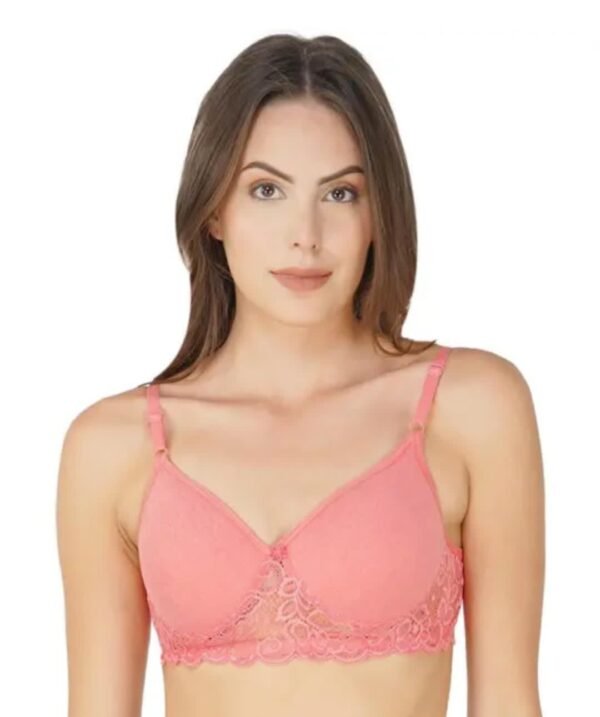 A model wearing the Comfortable Daily Wear T-Shirt Bra in Pink, showcasing its seamless construction, full coverage, and lightly padded cups for a flattering silhouette.
