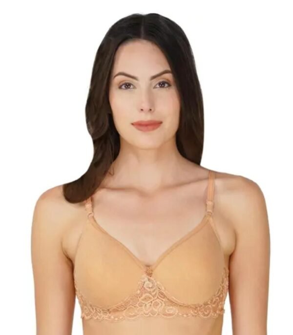 A model wearing the Comfortable Daily Wear T-Shirt Bra in Brown, showcasing its soft cotton blend fabric, padded cups, and seamless construction for everyday comfort.