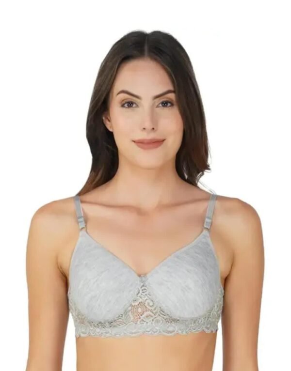 A model wearing the Comfortable Daily Wear T-Shirt Bra in Grey, showcasing its seamless construction, full coverage, and lightly padded cups for a flattering silhouette.