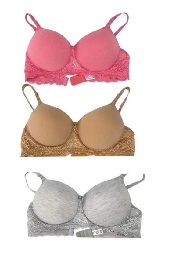 Main image showcasing the T-Shirt Bra Pack of 3 in Pink, Brown, and Grey, crafted from a soft cotton blend with lightly padded cups and seamless construction for everyday comfort.