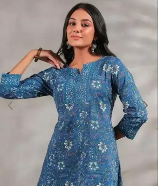 Stunning Blue Rayon Printed Short Kurti - Image 3
