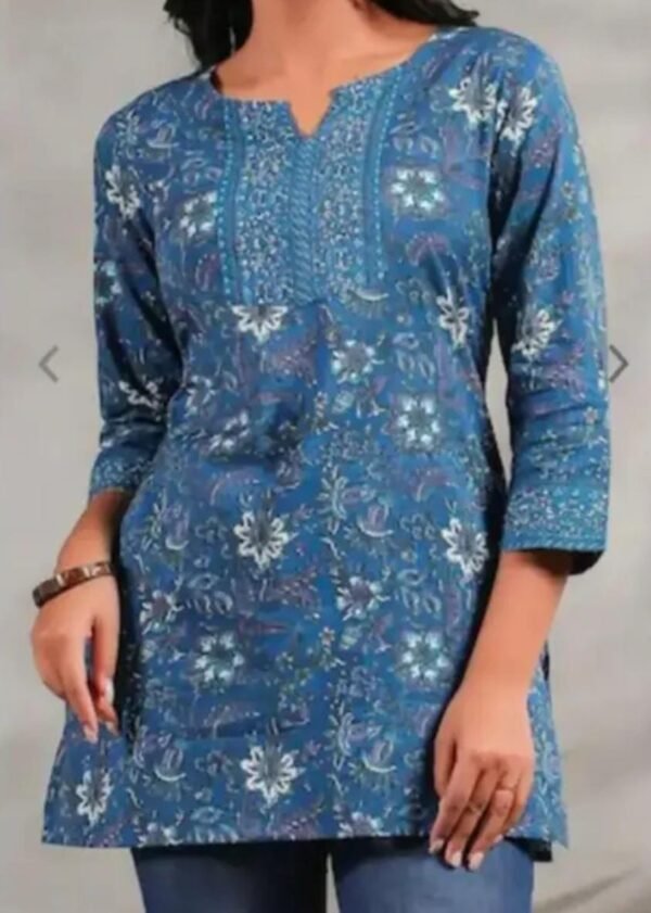 Stunning Blue Rayon Printed Short Kurti