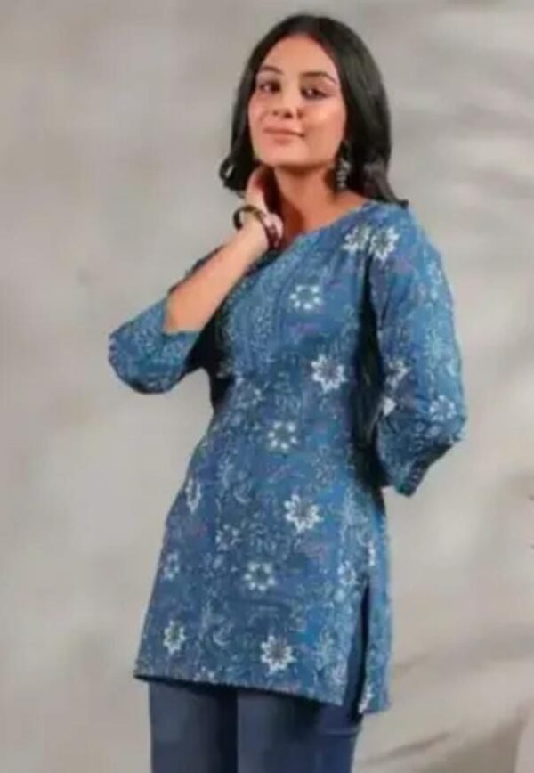 Stunning Blue Rayon Printed Short Kurti - Image 4