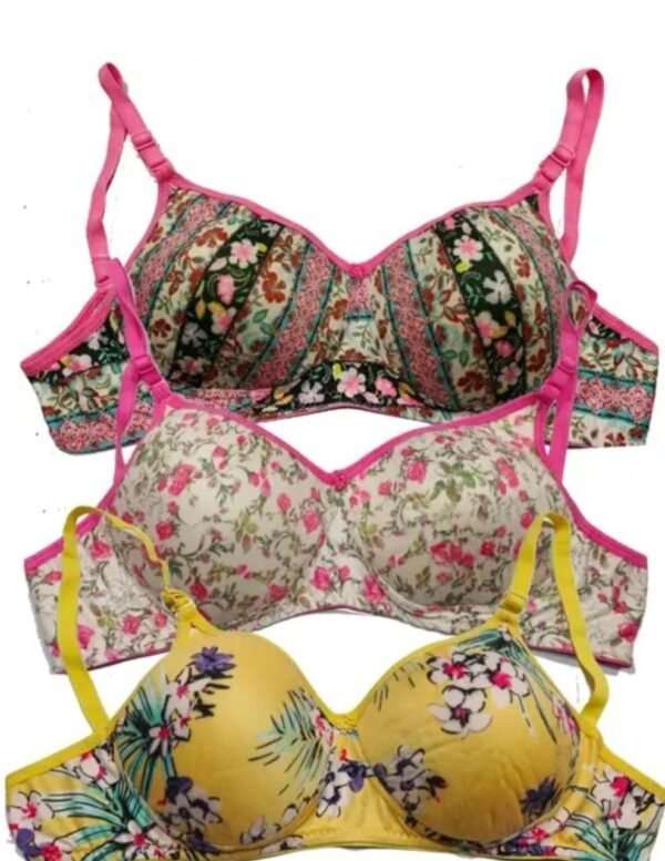 Main image showcasing the Pack of 3 Printed Push-Up Padded Bras, crafted from a soft cotton blend fabric with padded cups and a seamless push-up design for a flattering silhouette.