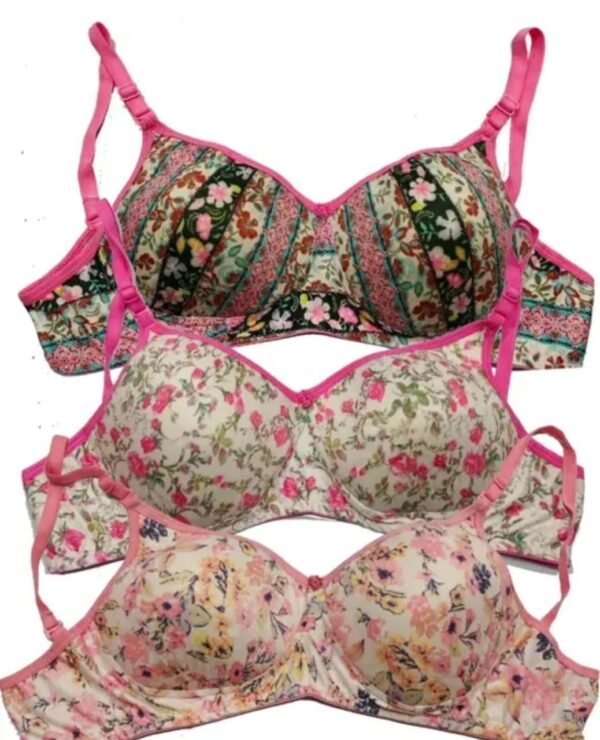 Main image showcasing the Pack of 3 Printed Push-Up Padded Bras, crafted from soft cotton blend fabric with padded cups and a seamless push-up design for a flattering silhouette.