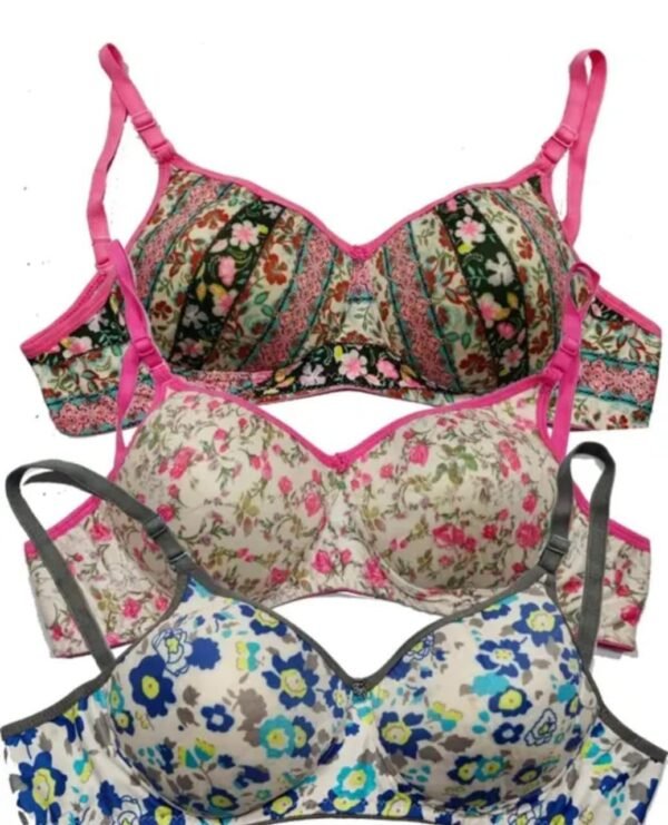 Main image showcasing the Pack of 3 Printed Push-Up Padded Bras, crafted from soft cotton blend fabric with padded cups and a seamless push-up design for a flattering silhouette.