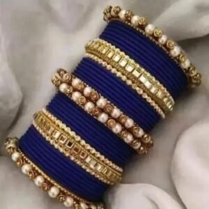 Main image showcasing the Dark Blue Kundan Stone and Pearls Bangles Set, featuring intricate kundan and pearl work on a durable metal base, perfect for ethnic wear and special occasions.