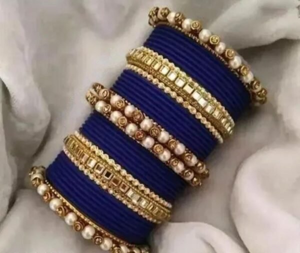 Main image showcasing the Dark Blue Kundan Stone and Pearls Bangles Set, featuring intricate kundan and pearl work on a durable metal base, perfect for ethnic wear and special occasions.