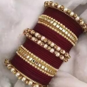 Main image showcasing the Brown Kundan Stone and Pearls Bangles Set, featuring intricate kundan and pearl work on a durable metal base, perfect for ethnic wear and special occasions.