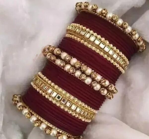 Main image showcasing the Brown Kundan Stone and Pearls Bangles Set, featuring intricate kundan and pearl work on a durable metal base, perfect for ethnic wear and special occasions.
